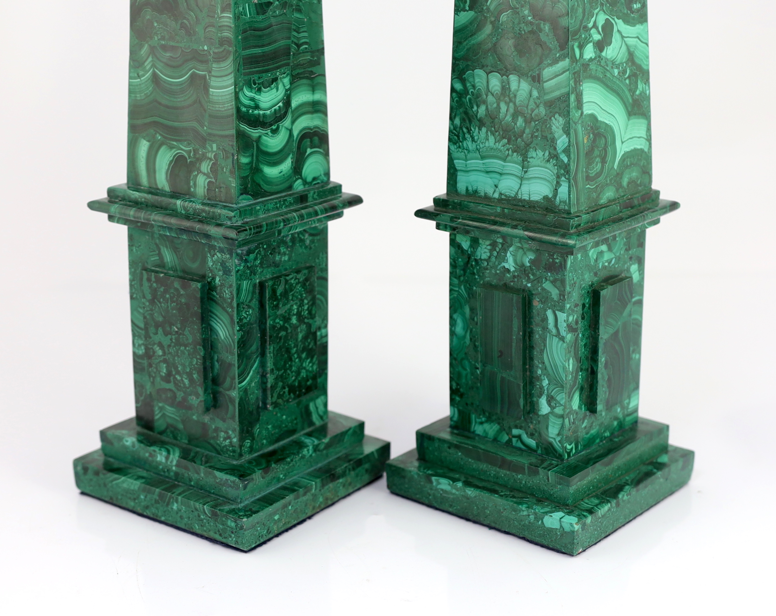 A pair of malachite veneered obelisks with stepped square bases, 12 x 12cm, 60cm high***CONDITION - Image 3 of 3