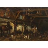 Jean-Louis van Kuyck , (Belgian, 1821-1871) Stable interior, with grooms horses, a dog and