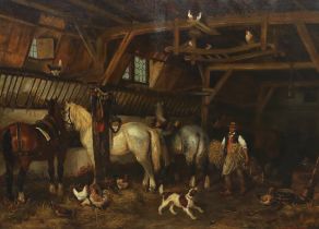 Jean-Louis van Kuyck , (Belgian, 1821-1871) Stable interior, with grooms horses, a dog and