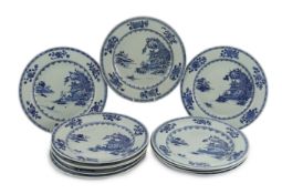 Twelve Chinese blue and white ‘Boatman and Six flower border’ plates, Nanking Cargo, c.1750, 23cm