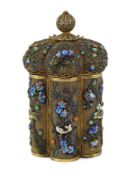 A Chinese silver gilt and enamel jar and cover, mid 20th century, of lobed cylindrical form