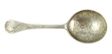 A 17th/18th century Scandinavian silver spoon, with engraved scroll decoration to the handle and