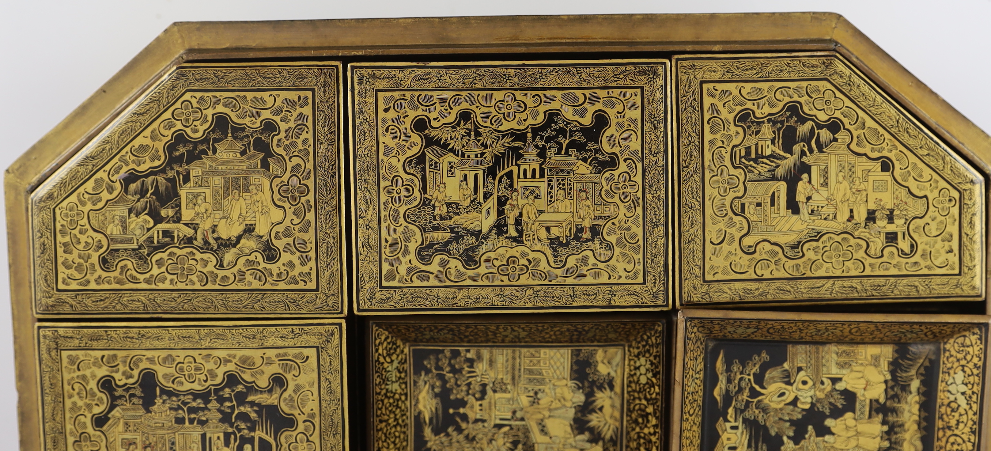 A Chinese Export gilt-decorated black lacquer games box, c.1830, decorated with figures amid - Image 6 of 7