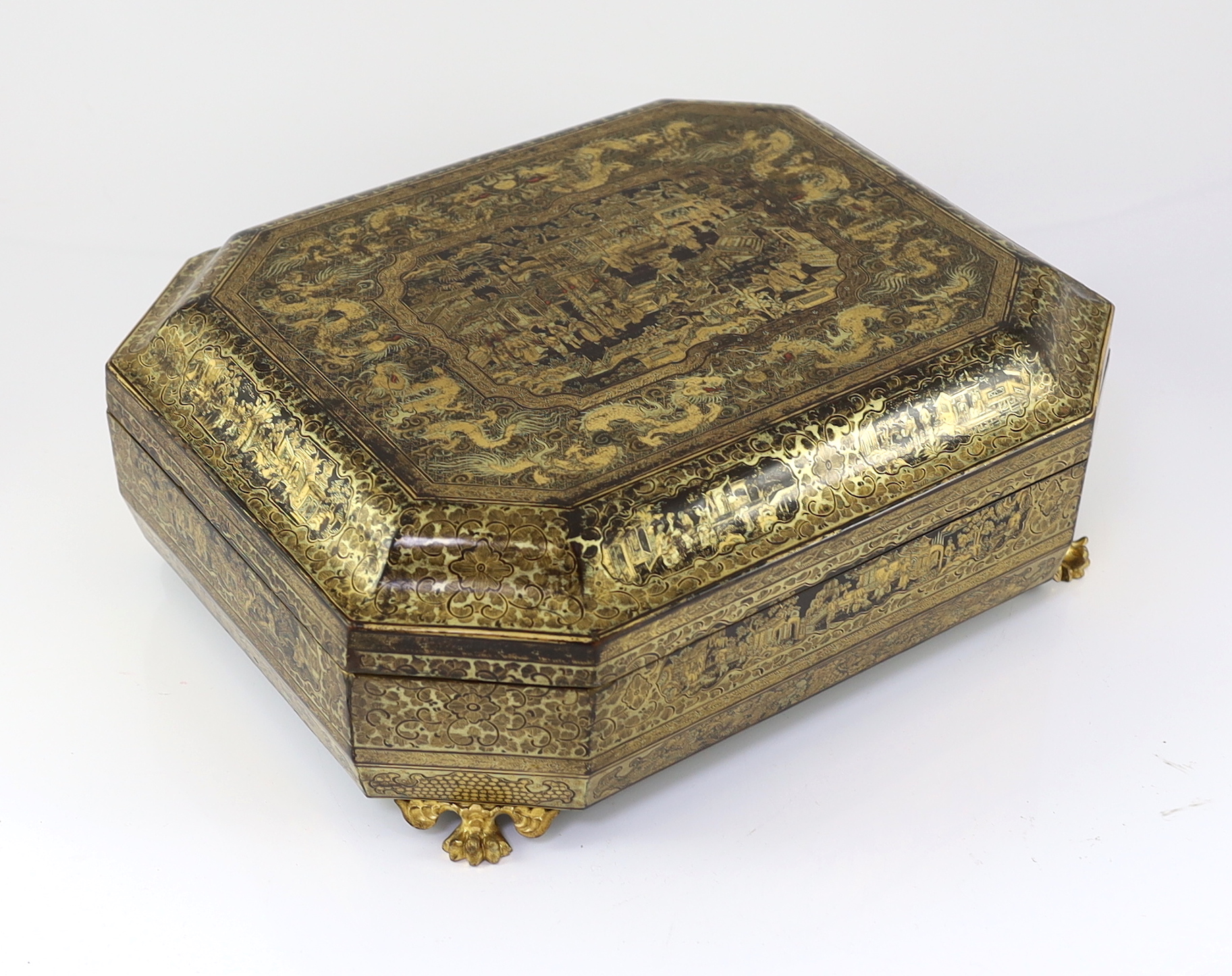 A Chinese Export gilt-decorated black lacquer games box, c.1830, decorated with figures amid - Image 2 of 7