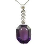 A 1920's white gold, amethyst, diamond and cultured pearl set drop pendant necklace, with bale of