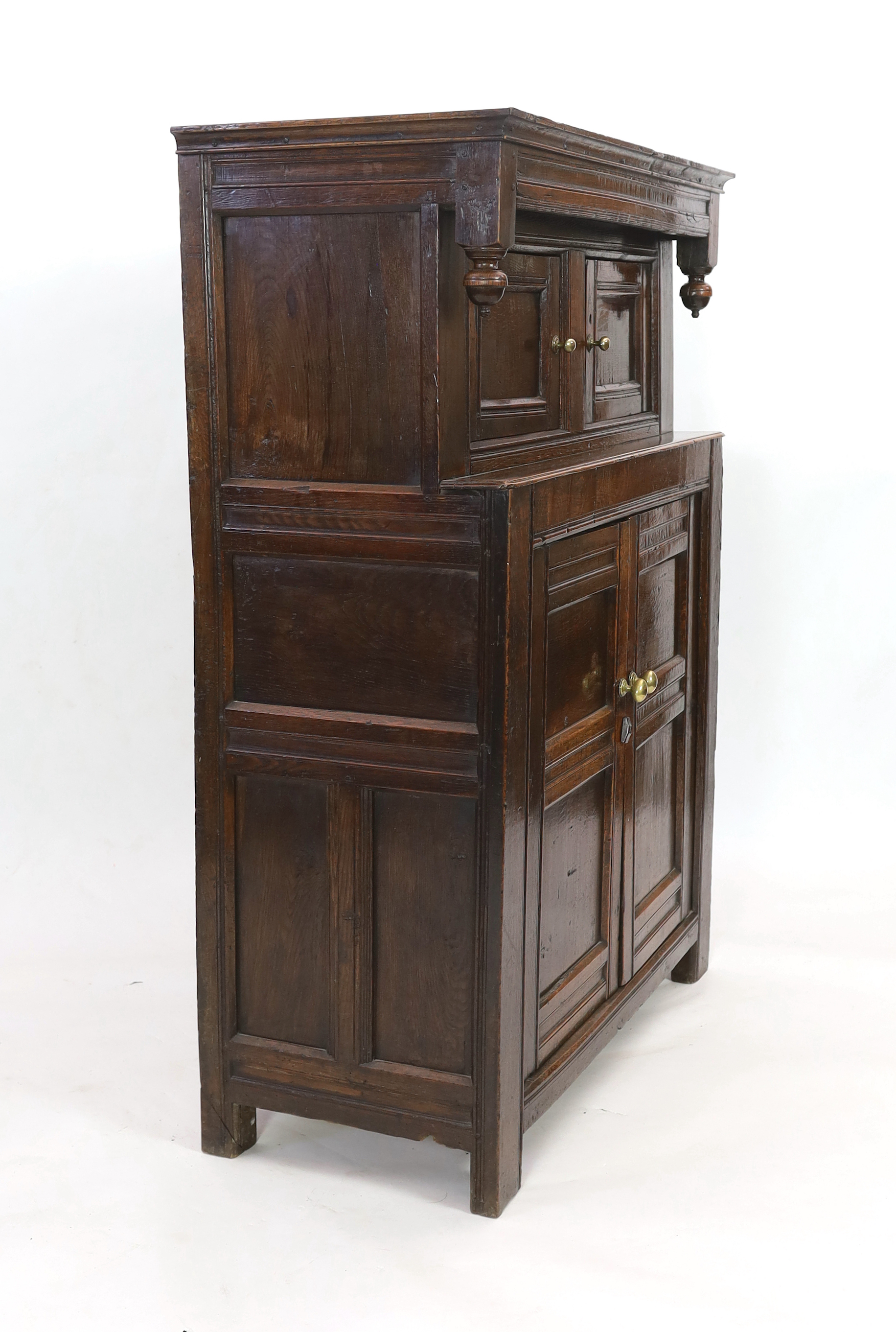 A 17th century oak court cupboard with moulded top and two panelled doors over two further - Image 4 of 4
