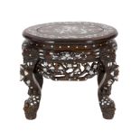 A Chinese hongmu and mother-of-pearl inlaid stool or stand, mid 20th century, decorated with
