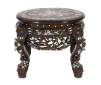 A Chinese hongmu and mother-of-pearl inlaid stool or stand, mid 20th century, decorated with