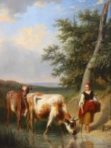 Edmond Jean-Baptiste Tschaggeny (Belgian, 1818-1873) Cattle drover and cows beside a streamoil on