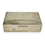 A George V rectangular silver cigar box, by Deakin & Francis, with engraved inscription and crest,