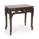 A Chinese hardwood small altar table, 19th century, the rectangular framed panel top above a