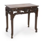 A Chinese hardwood small altar table, 19th century, the rectangular framed panel top above a