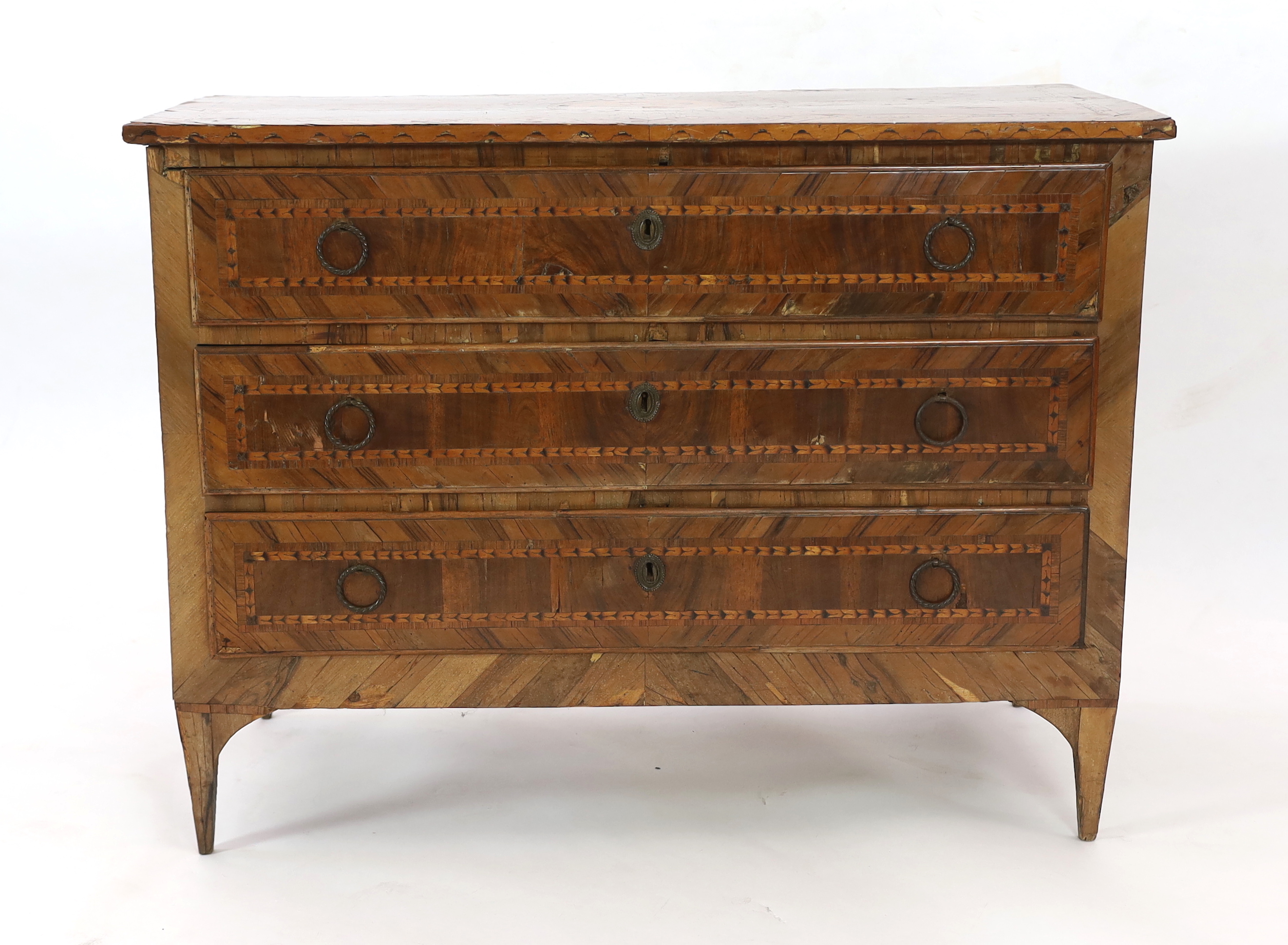 A late 18th century Italian olive wood and parquetry commode, fitted four long drawers on tapered - Image 2 of 4