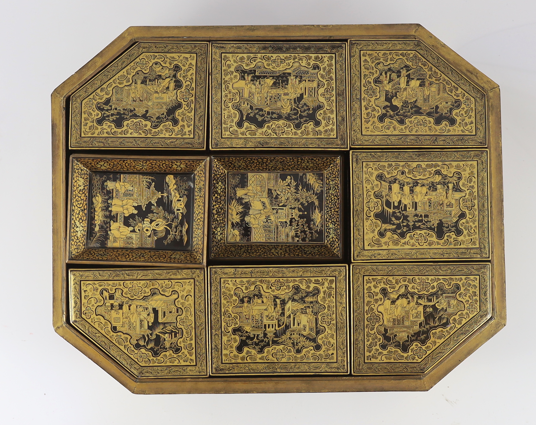 A Chinese Export gilt-decorated black lacquer games box, c.1830, decorated with figures amid - Image 5 of 7