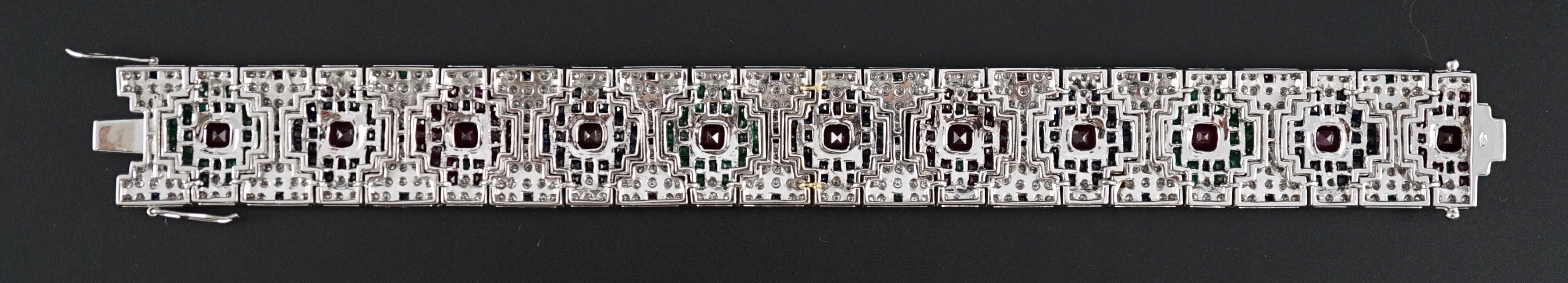 An attractive late 20th century 18k white gold, ruby, sapphire, emerald and diamond set bracelet, - Image 6 of 7