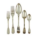 A matched canteen of early 19th century silver fiddle pattern flatware for twelve, comprising twelve