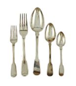 A matched canteen of early 19th century silver fiddle pattern flatware for twelve, comprising twelve