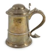 A mid 18th century provincial silver tankard, by John Langlands I, with domed cover and scroll