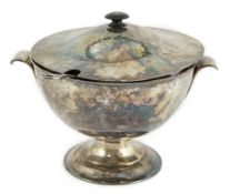 A late 19th/early 20th century Arts & Crafts silver plated pedestal soup tureen, cover and ladle,