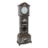 A Chinese hardwood and mother-of-pearl inlaid longcase clock, mid 20th century, decorated with