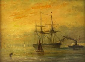Adolphus Knell (British, 1860-1890) Steam tug towing a warship into harbour at sunsetoil on wooden
