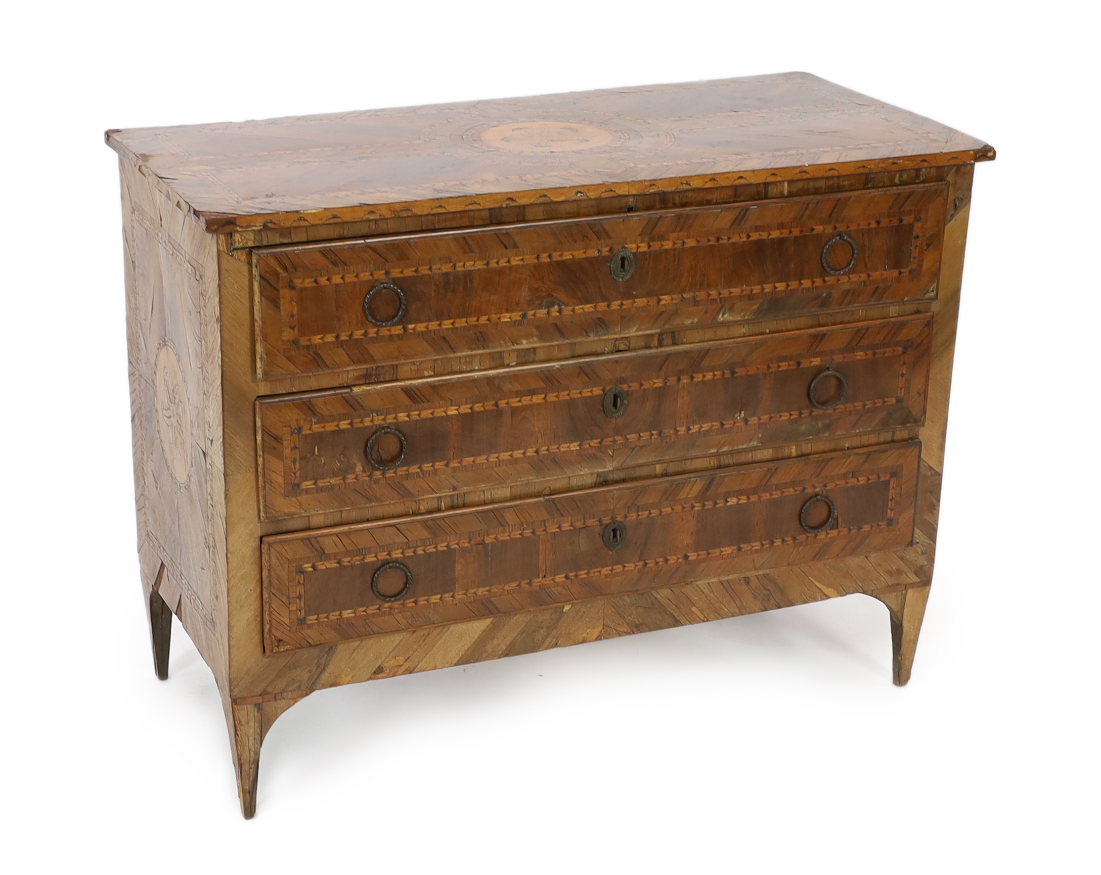 A late 18th century Italian olive wood and parquetry commode, fitted four long drawers on tapered