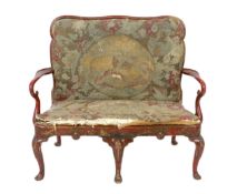 A Queen Anne revival red lacquer settee with chinoiserie figure and landscape decoration in 18th