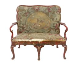 A Queen Anne revival red lacquer settee with chinoiserie figure and landscape decoration in 18th