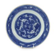 A Chinese blue and white ‘dragon’ plate, Kangxi period, painted with confronting dragons amid