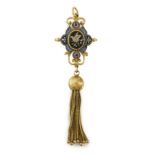 A 19th century gold and micro mosaic tassel drop pendant, the central panel decorated with a dove,