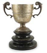 A late Victorian silver two handled trophy cup, with horse racing inscription relating to the