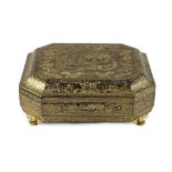 A Chinese Export gilt-decorated black lacquer games box, c.1830, decorated with figures amid