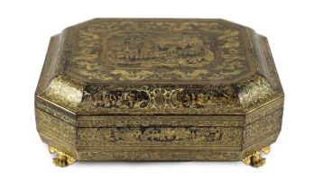 A Chinese Export gilt-decorated black lacquer games box, c.1830, decorated with figures amid