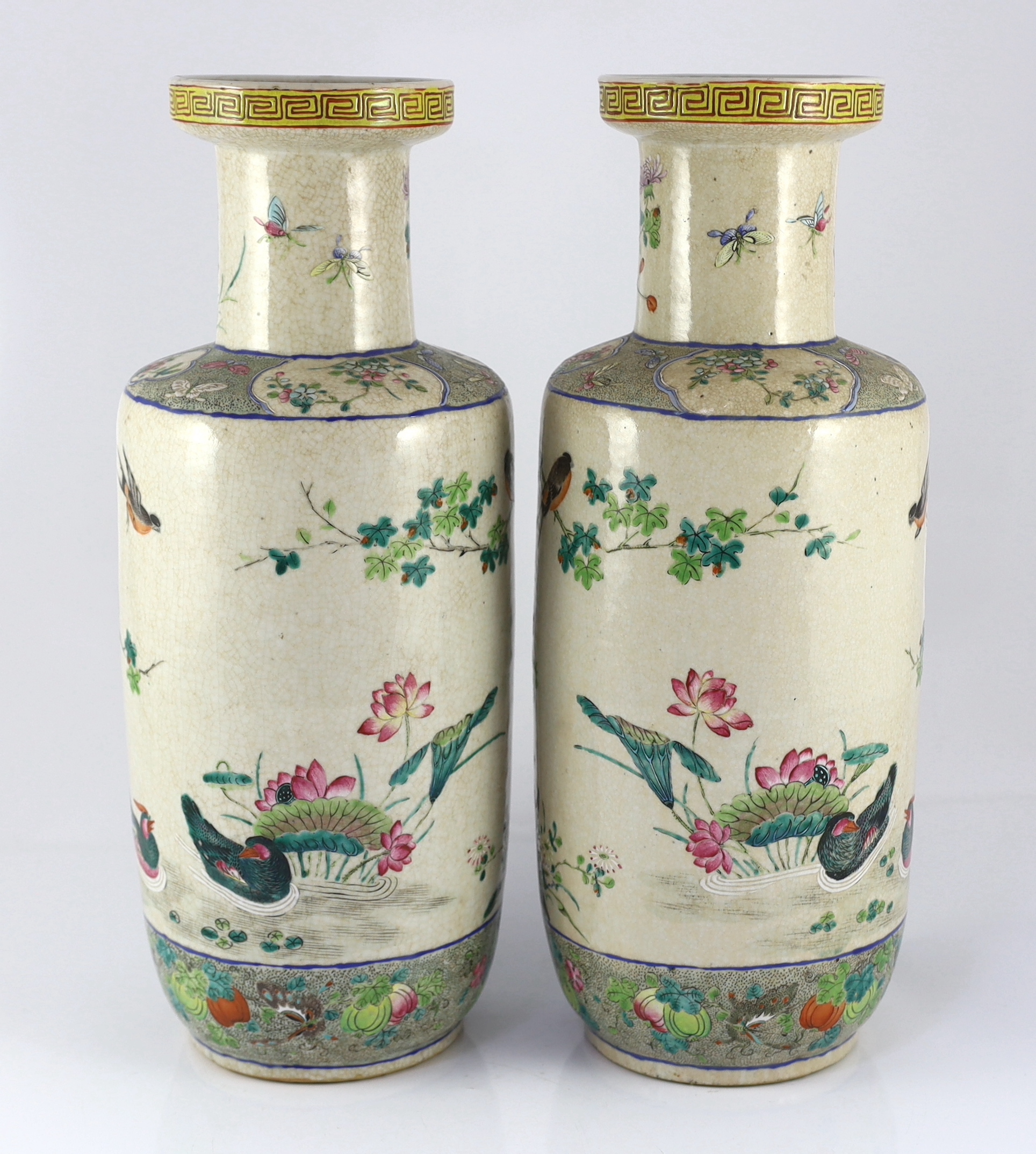 A pair of large Chinese crackle glaze famille rose ‘Hundred Bird’ rouleau vases, late 19th - Image 2 of 4