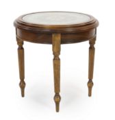 A circular Blue John top table, second half 20th century, the radially-veneered top inset to a table