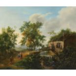 English School circa 1850 Landscape with mountain stream, cottage, bridge and figures on a