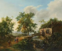 English School circa 1850 Landscape with mountain stream, cottage, bridge and figures on a