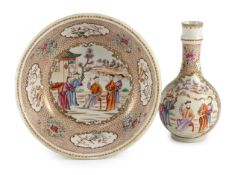 A Chinese enamelled porcelain Mandarin pattern water bottle (guglet) and basin, Qianlong period,