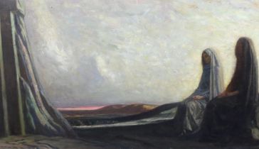 Robert Anning Bell RA RWS (British, 1863-1933) Shrouded figures seated in a landscapeoil on