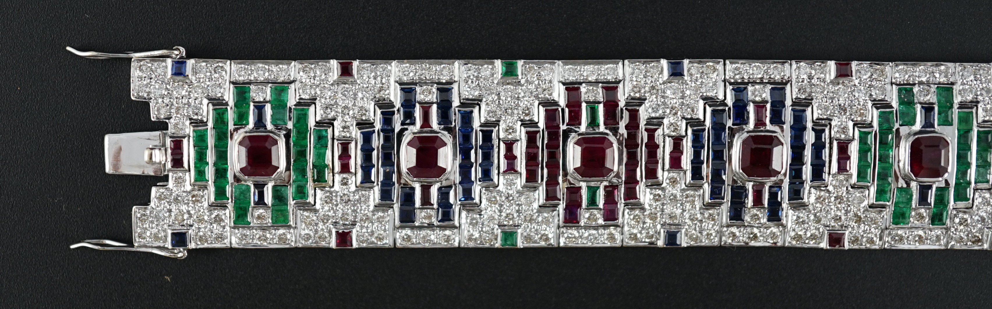 An attractive late 20th century 18k white gold, ruby, sapphire, emerald and diamond set bracelet, - Image 2 of 7