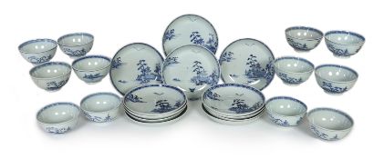 Twelve Chinese blue and white ‘Flying Geese’ bowls and saucer dishes, Nanking Cargo, c.1750, the