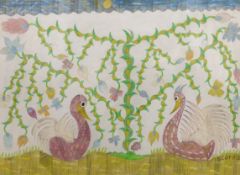 § § Scottie Wilson (Scottish 1888-1972) Two birds and flowering treewatercoloursigned34 x 47cm***