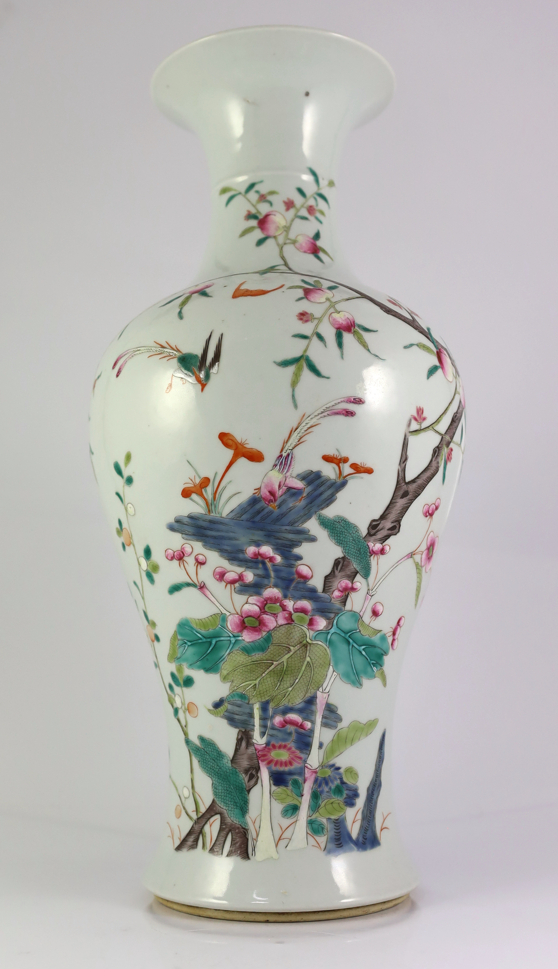 A tall Chinese famille rose vase, late 19th/early 20th century, painted with pheasants amid rock - Image 2 of 7