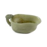 A Chinese celadon jade pouring vessel, yi, 17th/18th century, with incised keywork band below the