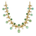 A cased Edwardian gold, turquoise and split pearl set necklace, set with round and oval cut