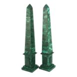 A pair of malachite veneered obelisks with stepped square bases, 12 x 12cm, 60cm high***CONDITION