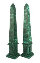 A pair of malachite veneered obelisks with stepped square bases, 12 x 12cm, 60cm high***CONDITION