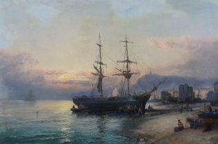Hubert Thornley (fl.1859-1898) Beached merchant ship unloading the hold with figures on the shore at