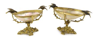 A graduated pair of 19th century Continental ormolu mounted mother of pearl pedestal bowls each