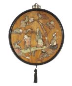 A Chinese wood and soapstone inlaid circular screen panel, late Qing dynasty, depicting two sages